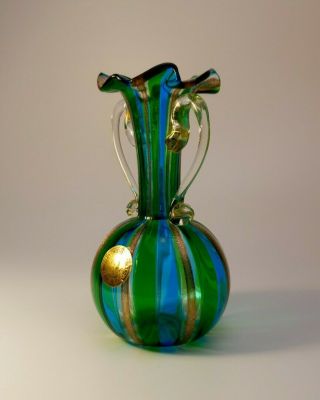 Vintage Zanfirico Murano Blue Green Striped Art Glass Vase Sticker