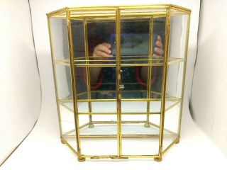 Vintage Brass & Glass Double Door Curio Case Display Cabinet Mirrored Footed