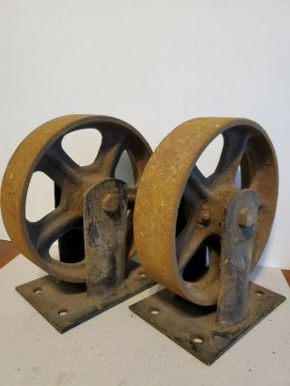 Vintage Industrial Set (2) Metal Cast Iron Caster Wheels 8” Steampunk Cart