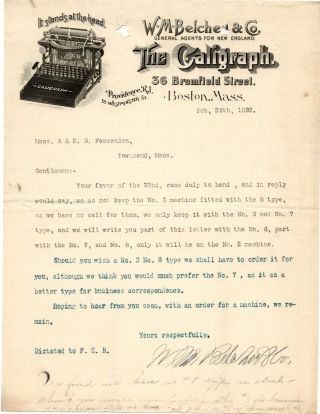 1892 W M Belcher & Co Caligraph Typewriters Bromfield St Boston Ma Townsend Ma