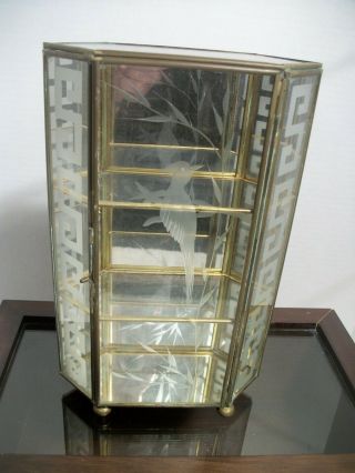 Vintage Brass Curio Glass Mirrored Table Top Cabinet Display Case 9.  5” Tall