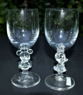 Rare Vintage Set Of 2 Crystal Walt Disney Mickey And Minnie Mouse Wine Glasses