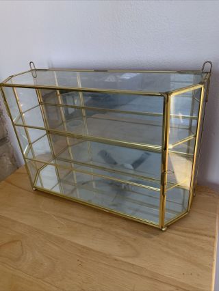 Vintage Brass & Glass Curio Display Cabinet Mirrored 3 Shelf Euc