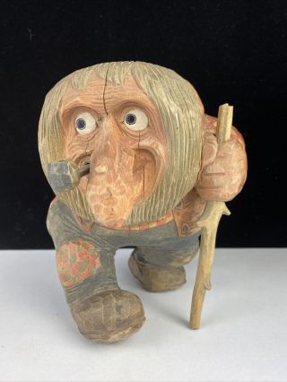 Vintage Handcarved Antone Sveene Wooden Troll Sculpture Man W/ Pipe & Cane