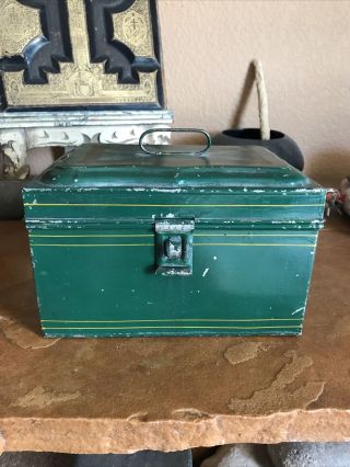 Antique Bank Box Enamel Metal Box Green & Gold Tin Cash Deed Strong Tole Painted