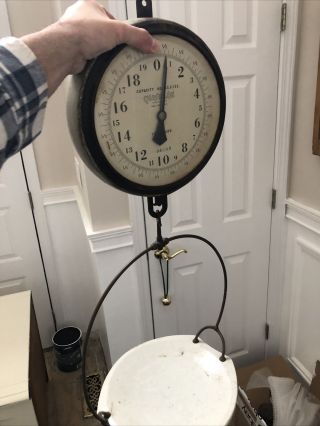 Antique Hanging Produce Scale By John Chatillon With Porcelain Tray