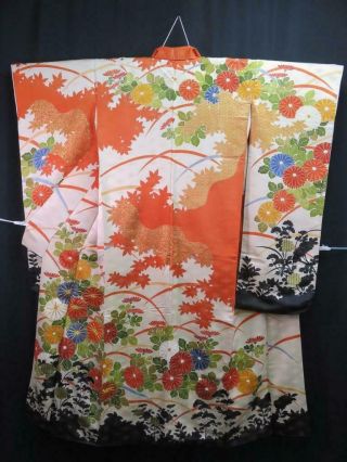 M1 - 3221a1220 Silk Vintage Tall Wide Japanese Kimono Furisode Dress Flower