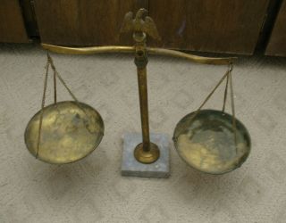 B32 - Vintage Brass Marble Base Hanging Balance Scale,  Marked " Japan "