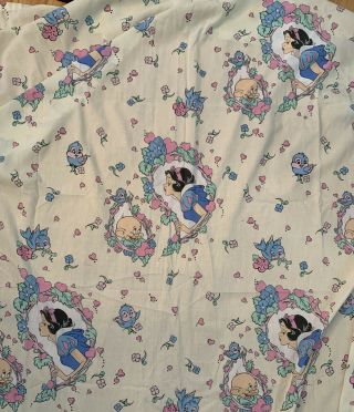 Vintage Disney Snow White And Dopey Twin Size White Flat Sheet 74” X 94” Vtg