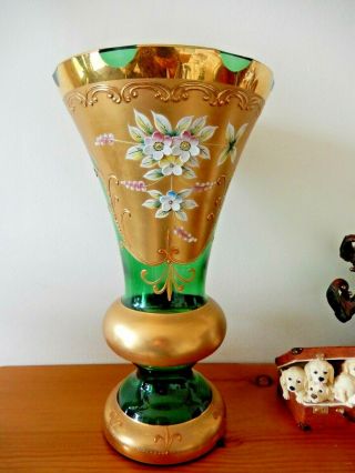 Vintage Large Glass Bohemian Style Hand Painted Vase Gold Enamelled Flowers