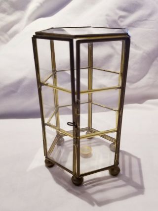 Vintage Hexagonal Footed Brass & Glass Tabletop Curio Display Case