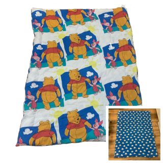 Vtg 90s Disney Winnie The Pooh & Piglet Reversible Twin Bed Comforter Blanket