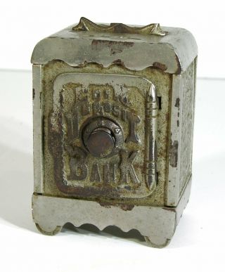 1890s Cast Iron Coin Deposit Combination Floor Safe Figural Still Bank Grey Iron