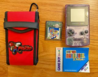 Nintendo Gameboy Color Atomic Purple W/ Mario Bros Deluxe And Vintage Case