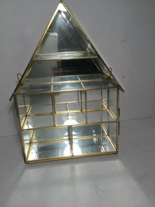 Vintage Brass And Glass Curio Case Display Cabinet House Shaped,  Mirrored Back