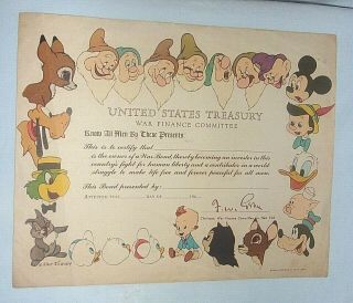 Vintage United States Treasury War Bond 1944 Disney