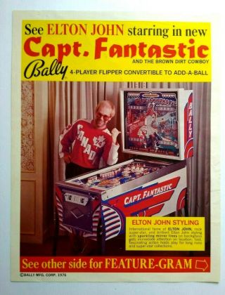 Elton John Capt Fantastic Pinball FLYER Bally 1976 Pop Rock Icon Art 2