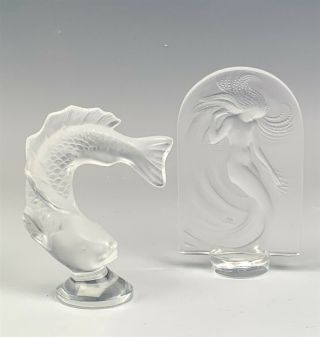 Vintage Signed Lalique French Crystal Naiade & Poisson Paperweights Figurine Skr