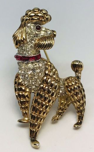 Vintage Signed Trifari Alfred Philippe Ruby Pave Rhinestone Poodle Dog Pin