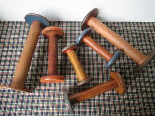 6 Antique Assorted Wood Spools,  Vintage Factory Industrial Textile Bobbins
