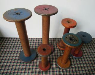 6 Antique Assorted Wood Spools,  Vintage Factory Industrial Textile Bobbins 2