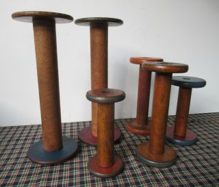 6 Antique Assorted Wood Spools,  Vintage Factory Industrial Textile Bobbins 3