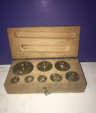 Set Of 8 Vintage Antique Brass Balance Scale Weights With Wooden Box