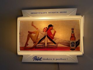 Vintage 1957 Pabst Makes It Perfect Blue Ribbon Lighted Beer Sign Light 17x21