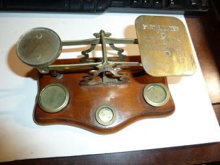 Antique English Brass & Wood 1,  2&4 Oz Weights,  Postal Scale Well Come See