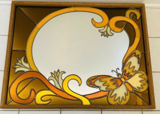 Vtg 70s Style Stained Glass Wood Frame Mirror Wall Decor Brown Yellow Butterfly