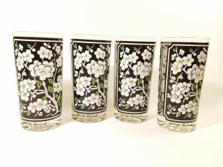 Vintage Georges Briard High Ball Glasses Set Of 4 White Blossom Green Leaves Mcm