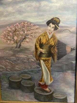 VTG Asian Oil Painting Japanese Geisha Girl Signed Art Maria Monaco Artist 2