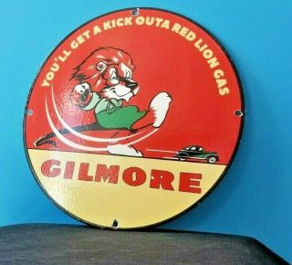 Vintage Gilmore Gasoline Porcelain & Metal Gas Oil Service Red Lion 11 3/4 " Sign