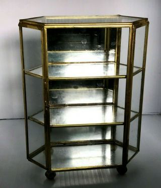 Vintage Hexagon Footed Mirrored Brass Glass Tabletop Curio Display Case