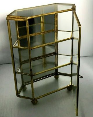 Vintage Hexagon Footed Mirrored Brass Glass Tabletop Curio Display Case 2