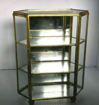 Vintage Hexagon Footed Mirrored Brass Glass Tabletop Curio Display Case 3