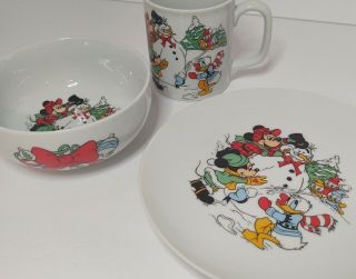 Vintage Rare Walt Disney Productions Japan Plate Set Mug Bowl Winter Christmas