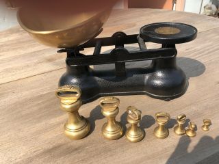 English Kitchen Grocery Scales by Salter.  Set of Brass Weights. 3