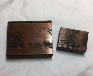 2 Vintage Copper Printing Plate Printers Block Cleveland Downtown Trolly Trees