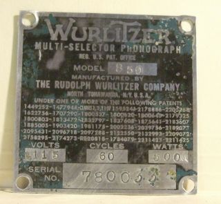 Wurlitzer 850 Jukebox Id Identification Plate Tag 780033 Early Number