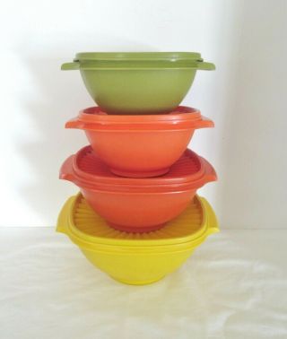 Vintage Tupperware 8 Pc Servalier Bowl Set In Harvest Colors With Matching Seals