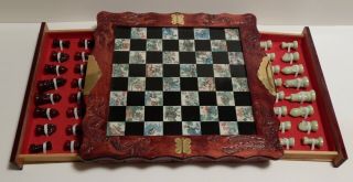 Vintage Carved Wood Folding Chess Board With Drawers Inlaid Tiles & Chess Set