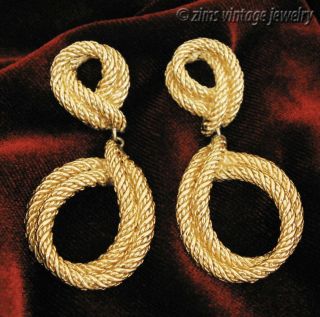 Vintage Christian Dior Signed Gold Rope Haute Couture Hoop Dangle Earrings Post