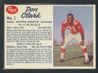 Vintage 1962 Post Cfl Football Card 1 Don Clark Sp Ex/mt - Nm Montreal