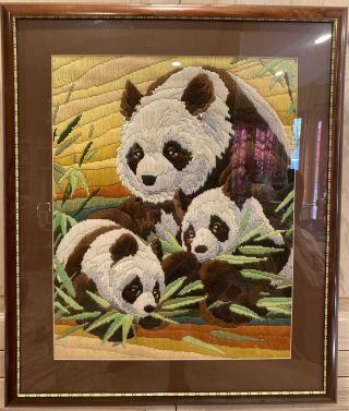 Japanese Three Pandas Needlepoint Canvas Handmade Vintage 26.  25” X 22.  25”