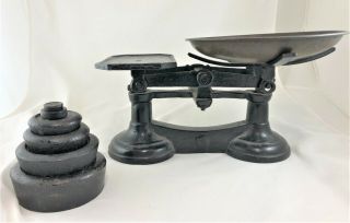 Vintage Cast Iron Balance Scale With Tray And Nesting Weights - Imperial & Cross