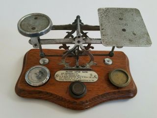 Antique English Postal Scale On Oak Base With Weights