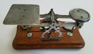 Antique English Postal Scale on Oak Base with Weights 2
