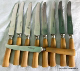 9 Vintage French Knives Knifes Sterling Silver Ferrules Bovine Horn Handles