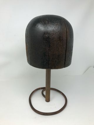 Antique Wooden Hat Form Mold Marked 24 With Copper Stand 15 " Tall 8 1/4 " Diam.